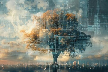 A conceptual artwork of a digital tree where each branch is a timeline, and clouds represent critical historical network events