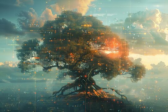 A conceptual artwork of a digital tree where each branch is a timeline, and clouds represent critical historical network events