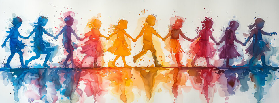 a party,silhoutte of boys and girls dancinig hand in hand with a neck scarf, full colour generative ai