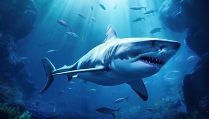 Obraz premium Great white shark in the ocean, portrait of White shark hunting prey in the underwater