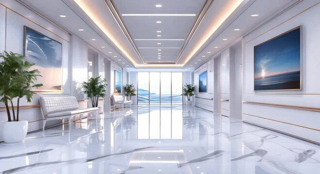A minimalist and serene hospital hallway designed with optimal safety and accessibility in mind