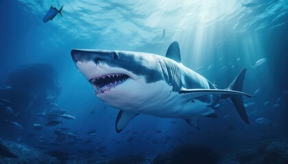 Fototapeta premium Great white shark in the ocean, portrait of White shark hunting prey in the underwater