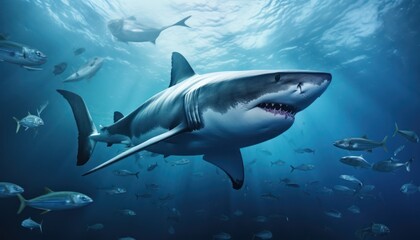 Fototapeta premium Great white shark in the ocean, portrait of White shark hunting prey in the underwater