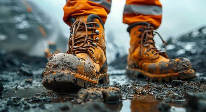 Detailed view of construction worker safety equipment Focus on gloves and boots.