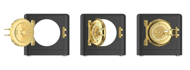 Golden bank vault isolated on white
