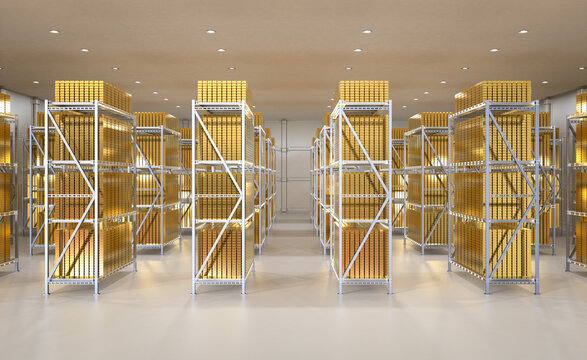 Heap of gold bullion in bank vault safe