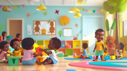 multicultural daycare center with African American toddler babies. Group of workers with babies in...