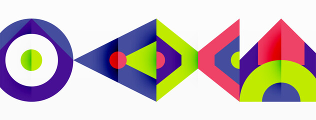 A creative logo design featuring triangles, circles, and a rectangle in electric blue on a white background. The pattern symbolizes symmetry and mechanical puzzle elements