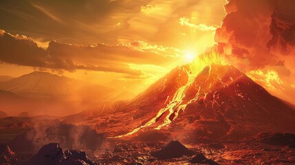 A volcano is erupting, spewing hot lava down its sides. The sky is a bright orange.

