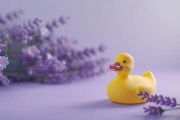 A yellow rubber duck toy sits among lavender flowers on a purple background, offering a vibrant...