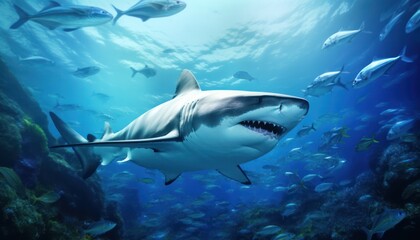 Fototapeta premium Great white shark in the ocean, portrait of White shark hunting prey in the underwater