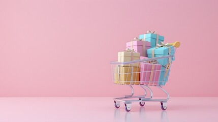 Minimalist shopping cart with pastel colored gift boxes on a pink background, banner design for online retail advertising concept 

