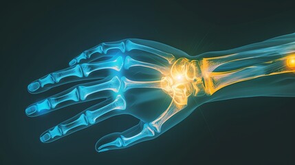 An X-ray blue of a hand with the wrist joint highlighted in yellow , show joint between arm and handMRI scan of a human arm  joint, showing the bones and ligaments. 