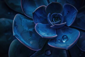Close-up of a blue succulent with water droplets, highlighting its vibrant color and leaf details.