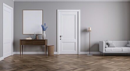 interior design, Modern Living Room Interior with Empty Frame Mockup, White Doors, and Wood Flooring 3d rendering	