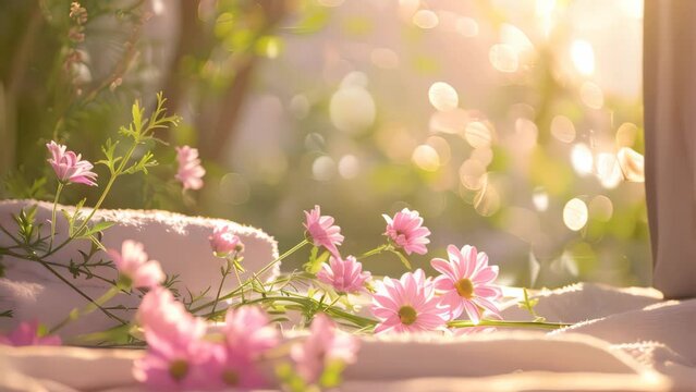 Beautiful spa background with blurred greenery and flowers towel on the table.