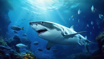 Fototapeta premium Great white shark in the ocean, portrait of White shark hunting prey in the underwater