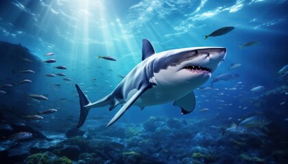 Naklejka premium Great white shark in the ocean, portrait of White shark hunting prey in the underwater