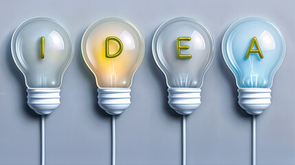 3d illustration render of text word IDEA is spelled out in yellow and blue lightbulbs against a grey background