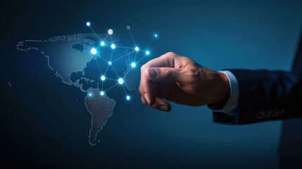 Businessman hand touching globe map with digital network connection.