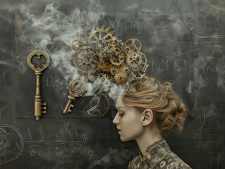 A woman with gears and steam from his head symbolizes creative thinking.