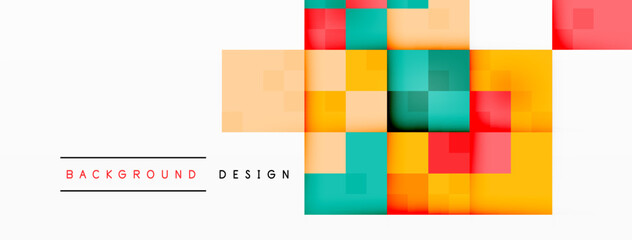 The colorful background features squares of different colors, including magenta and electric blue, creating a vibrant and symmetrical pattern on a white backdrop