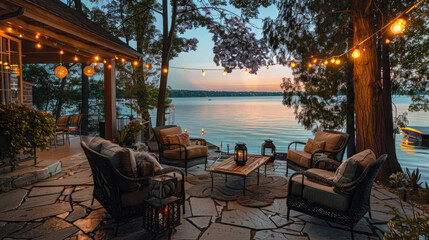 Fototapeta premium Cozy Backyard Patio with String Lights. Garden Outdoor Relaxation. 