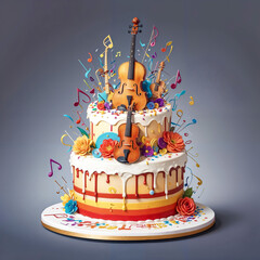 A colorful birthday cake decorated with various musical instruments including a violin, guitar, trumpet, and other musical notes, representing a celebration of music