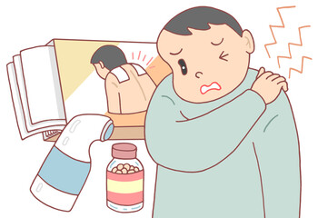 病気・疾病のイラスト - 肩こり・肩の張り・塗り薬・飲み薬・湿布薬