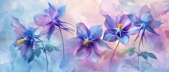 Against the watercolor backdrop, columbine blooms bloom in shades of blue, purple, and pink, their intricate flowers exuding elegance and grace.