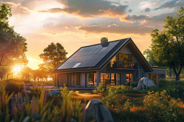 A modern house with solar panels on the roof, showcasing sustainable energy technology