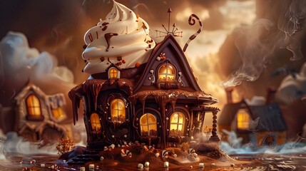 Fototapeta premium Enchanting Fairytale Winter Cottage in a Snowy Village Landscape with Glowing Lights and Holiday Decor