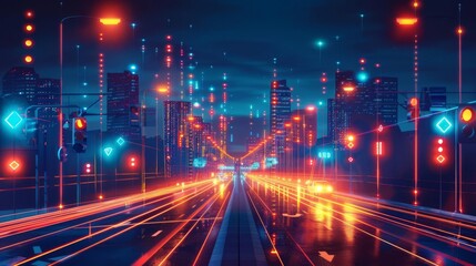 A depiction of an AI system that dynamically adjusts road lighting and traffic signals to maximize energy efficiency