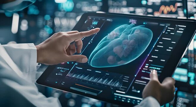 User interactive to treat and diagnose liver disease. A doctor touches an iPad with a digital medical record containing Heart. Digital medical records