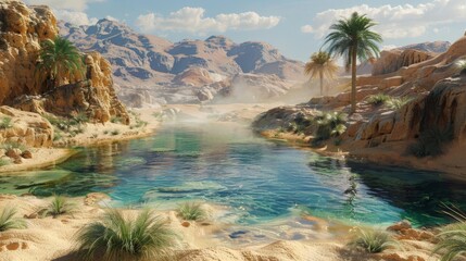 A desert oasis fed by an ancient aquifer, with water bubbling up through the sand