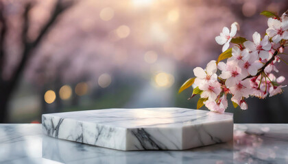 White marble table adorned with Sakura flowers against blurred bokeh backdrop. Elegant, serene ambiance for display or montage