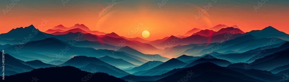 Wall mural sunrise over mountains flat design front view morning theme water color complementary color scheme