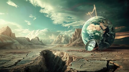 A globe surrounded by a desolate landscape of cracked earth, with the thermometers mercury rising high above its surface
