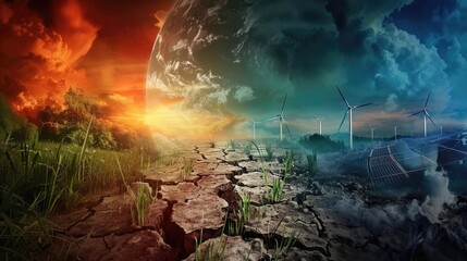 A graphical display of climate change, portraying a cracked landscape transitioning from lush greenery to barren land, with wind turbines and solar panels on the horizon