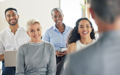 Obraz premium Businesspeople, meeting and news in office with presentation in company boardroom with staff. Team, happy and coworker or manager with seminar or workshop in Switzerland for conference in job.