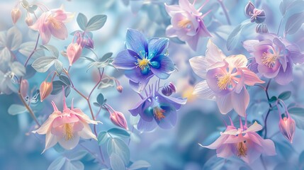 Ethereal columbine blooms, hues of blue, purple, and pink, mimic delicate birds in flight on the watercolor canvas, enchanting all who behold them.