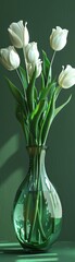 A beautiful bouquet of white tulips in a green glass vase