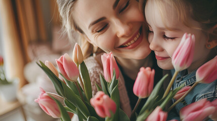 Little daughter hugging her mother and gives her a bouquet