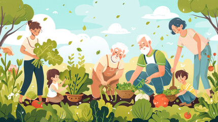 Family with happy child gardening on farm, growing organic vegetables. People harvest food concept.