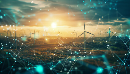 A landscape of a wind farm with digital connections, symbolizing green energy and sustainability, with a futuristic tech grid in the foreground.