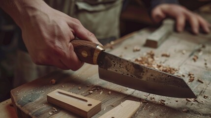 Creating a close up shot of the process of making a wooden knife handle with riveted pins