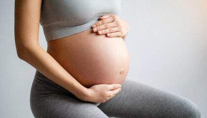 pregnant belly in yoga tights against a gray backdrop, symbolizing wellness, purity, and fertility