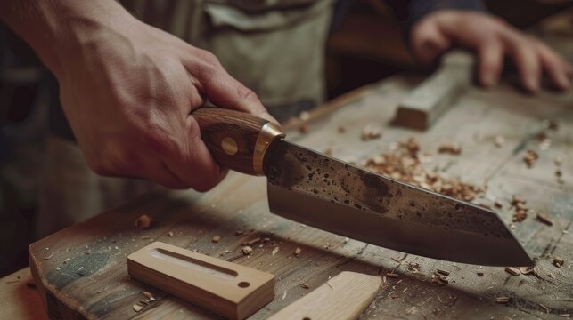 Creating a close up shot of the process of making a wooden knife handle with riveted pins - Powered by Adobe