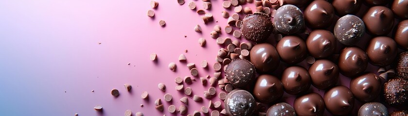 An imaginative presentation of chocolate truffles and decorative chocolate pieces scattered across...