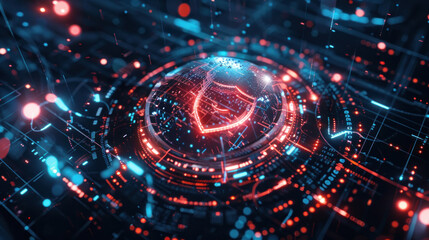 Fototapeta premium Immerse yourself in the world of cybersecurity with a visually compelling depiction featuring a digital shield emblem surrounded.